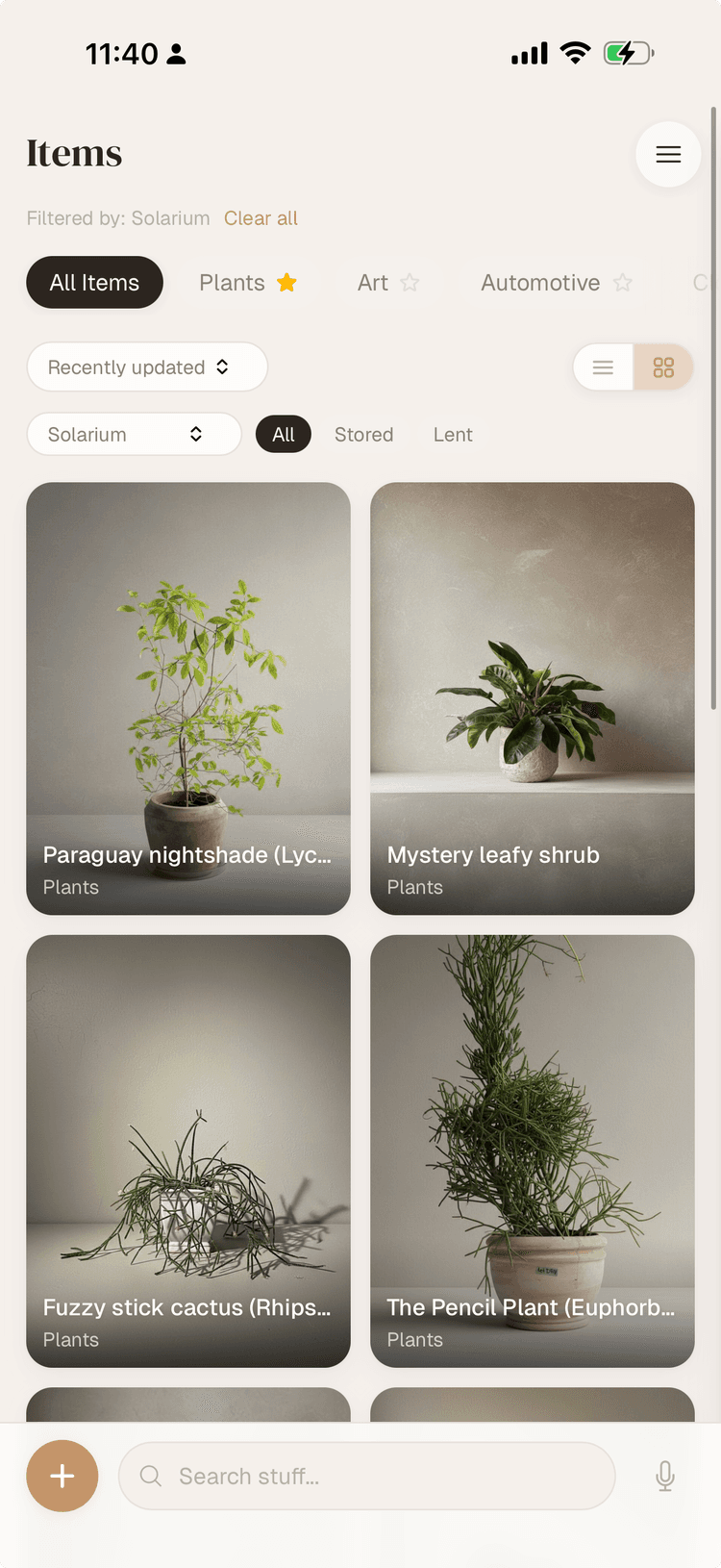 Stuff app showing a beautifully organized home inventory